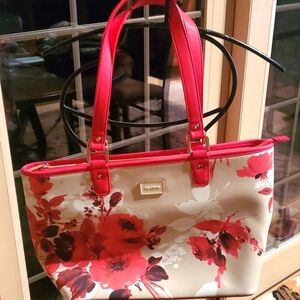 St. John Red & White Floral‎ Beige Large Tote Bag